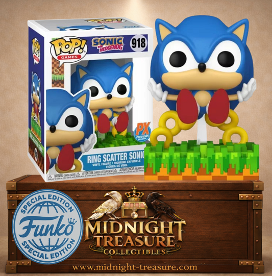 "Funko Pop! Ring Scatter Sonic (918) – Édition exclusive Entertainment Earth de Sonic The Hedgehog. Figurine en vinyle représentant Sonic en pleine action, perdant ses anneaux sur une base pixelisée. Un incontournable pour les fans de SEGA et de rétro-gaming.