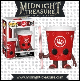 Funko Pop! Soda Cup 200 – Figurine exclusive représentant un gobelet de soda rouge avec des yeux noirs, une paille rayée et le logo couronne de Funko.