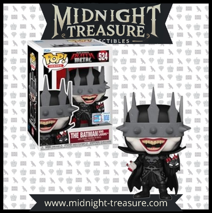 "Funko Pop! The Batman Who Laughs (524) – Dark Nights: Death Metal. Figurine exclusive avec sticker Fall Convention NYCC 2024 – Limited Edition, représentant la version sombre et maléfique de Batman fusionné avec le Joker. Édition rare pour les fans de DC Comics et les collectionneurs de Funko."