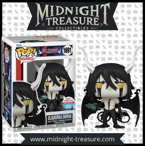"Funko Pop! Bleach – Ulquiorra Shifar (1691). Édition limitée New York Comic Con 2024, représentant Ulquiorra en forme Segunda Etapa avec ses cornes blanches et ses ailes noires imposantes. Un must-have pour les fans de Bleach et des Arrancars !"
