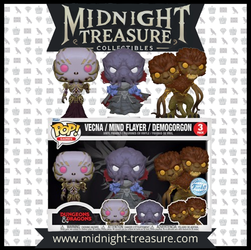 Funko Pop! Pack exclusif GameStop réunissant Vecna, le Flagelleur Mental et Demogorgon de l’univers Dungeons & Dragons. Un set de collection incontournable pour les amateurs de fantasy et de créatures mythiques."