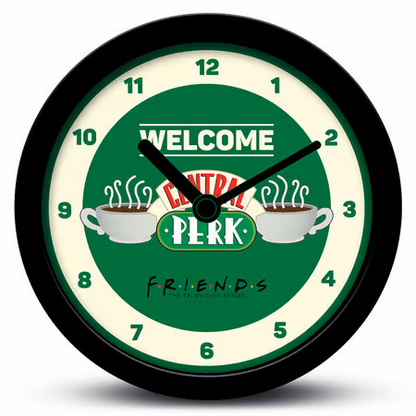 Horloge de bureau Friends Welcome to Central Perk, décoration officielle avec alarme, diamètre environ 12 cm, idéale pour les fans de la série Friends.
