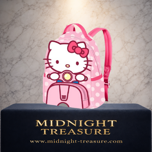 Mini sac à dos officiel Hello Kitty signé Heady. Modèle de 25 cm en PVC représentant Hello Kitty sur son scooter rose, avec compartiment principal, poche frontale zippée et bretelles réglables.