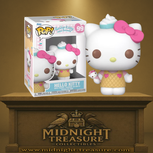 Funko Pop! Hello Kitty and Friends – Hello Kitty with Ice Cream (Hello Kitty avec glace, N°99). Figurine Hello Kitty en tenue dessert tenant une glace avec boule en forme de Kitty.