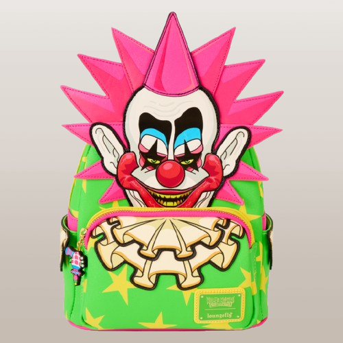 "Sac à Dos Loungefly – Killer Klowns – Modèle Spikey – Design Coloré et Original. Un sac à dos unique aux couleurs vives avec la tête iconique de Spikey, parfait pour les fans du film culte 'Killer Klowns from Outer Space' !"

