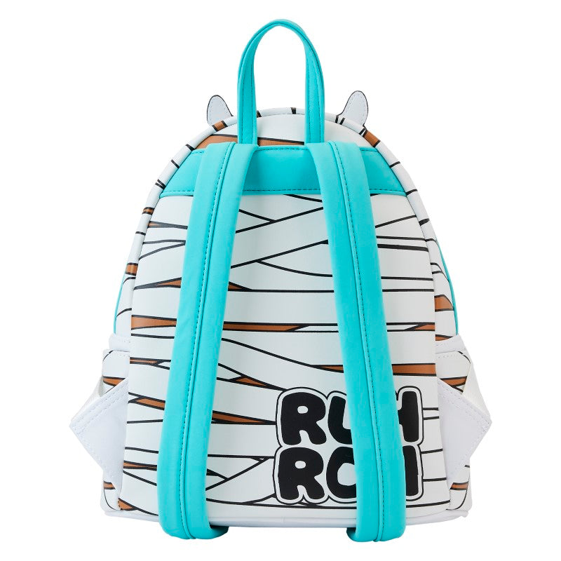 Sac à dos mini Loungefly – Scooby-Doo – Mummy Cosplay – 23 x 27 x 11 cm. Sac blanc et marron avec design de Scooby en momie, effet lumineux dans le noir et breloque logo Mystery Machine.

