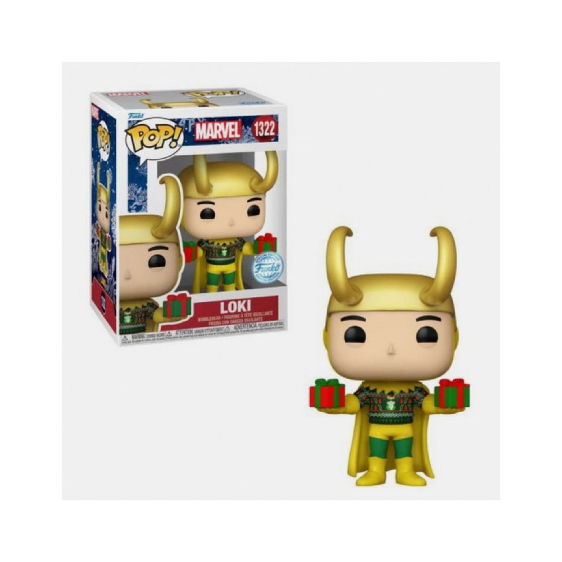 "Funko Pop! Marvel – Loki (1322). Figurine spéciale représentant Loki en tenue classique avec son casque à cornes dorées, tenant des cadeaux festifs. Un must-have pour les fans de Marvel et du Dieu de la Malice !"

