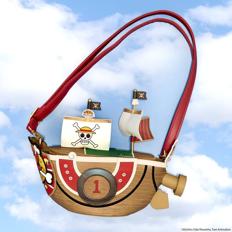 Sac bandoulière Loungefly One Piece – Thousand Sunny figural – 24,1 x 19,1 x 14 cm. Accessoire en simili cuir représentant le navire Thousand Sunny en 3D, avec voiles, mascotte lion et détails embossés.