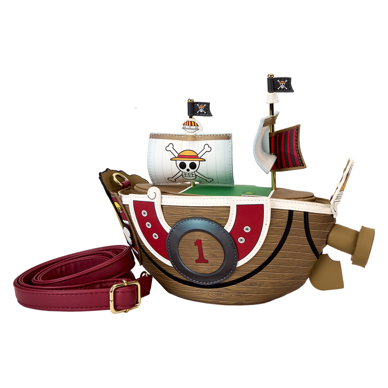 Sac bandoulière Loungefly One Piece – Thousand Sunny figural – 24,1 x 19,1 x 14 cm. Accessoire en simili cuir représentant le navire Thousand Sunny en 3D, avec voiles, mascotte lion et détails embossés.