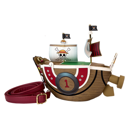 Sac bandoulière Loungefly One Piece – Thousand Sunny figural – 24,1 x 19,1 x 14 cm. Accessoire en simili cuir représentant le navire Thousand Sunny en 3D, avec voiles, mascotte lion et détails embossés.