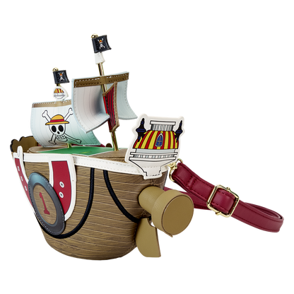 Sac bandoulière Loungefly One Piece – Thousand Sunny figural – 24,1 x 19,1 x 14 cm. Accessoire en simili cuir représentant le navire Thousand Sunny en 3D, avec voiles, mascotte lion et détails embossés.