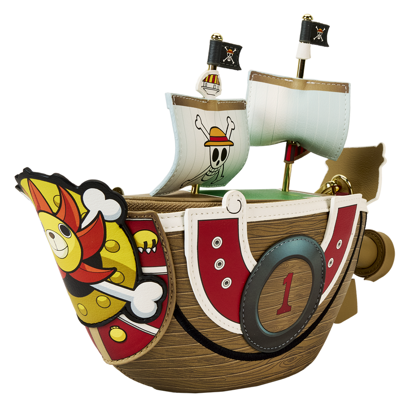 Sac bandoulière Loungefly One Piece – Thousand Sunny figural – 24,1 x 19,1 x 14 cm. Accessoire en simili cuir représentant le navire Thousand Sunny en 3D, avec voiles, mascotte lion et détails embossés.