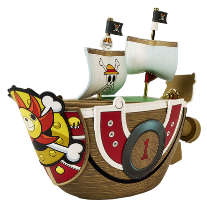 Sac bandoulière Loungefly One Piece – Thousand Sunny figural – 24,1 x 19,1 x 14 cm. Accessoire en simili cuir représentant le navire Thousand Sunny en 3D, avec voiles, mascotte lion et détails embossés.