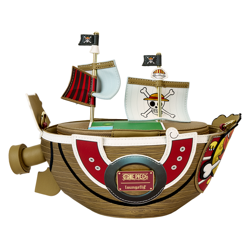 Sac bandoulière Loungefly One Piece – Thousand Sunny figural – 24,1 x 19,1 x 14 cm. Accessoire en simili cuir représentant le navire Thousand Sunny en 3D, avec voiles, mascotte lion et détails embossés.