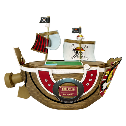 Sac bandoulière Loungefly One Piece – Thousand Sunny figural – 24,1 x 19,1 x 14 cm. Accessoire en simili cuir représentant le navire Thousand Sunny en 3D, avec voiles, mascotte lion et détails embossés.
