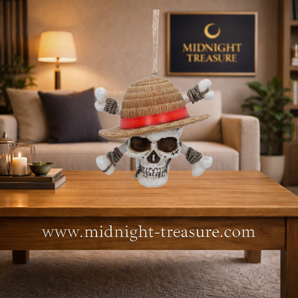 Décoration officielle One Piece représentant le Jolly Roger de Monkey D. Luffy. En résine peinte à la main, 7 cm, idéale pour un sapin, une vitrine ou une collection.