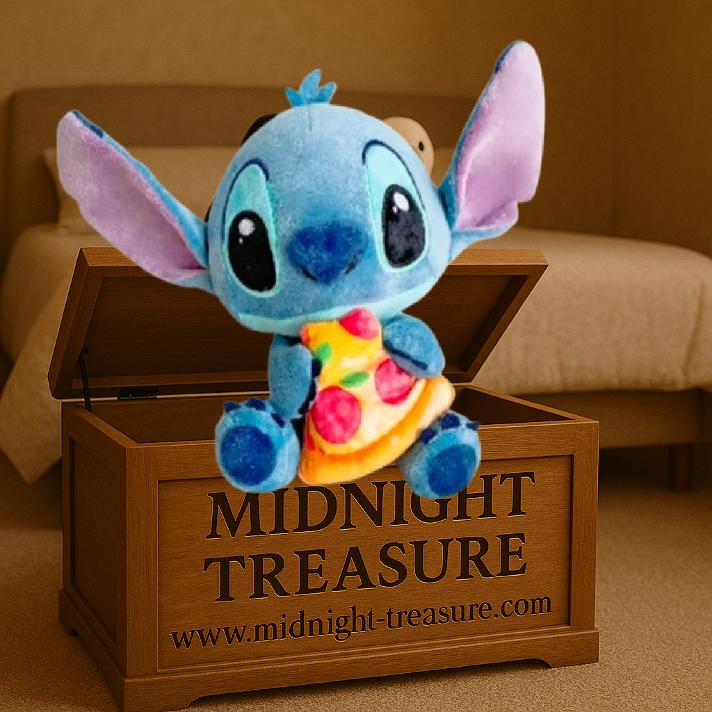 Peluche officielle Disney Stitch avec une part de pizza. Tissu ultra-doux, fibres polyester de qualité, hauteur 25 cm. Idéale pour les fans de Lilo & Stitch.