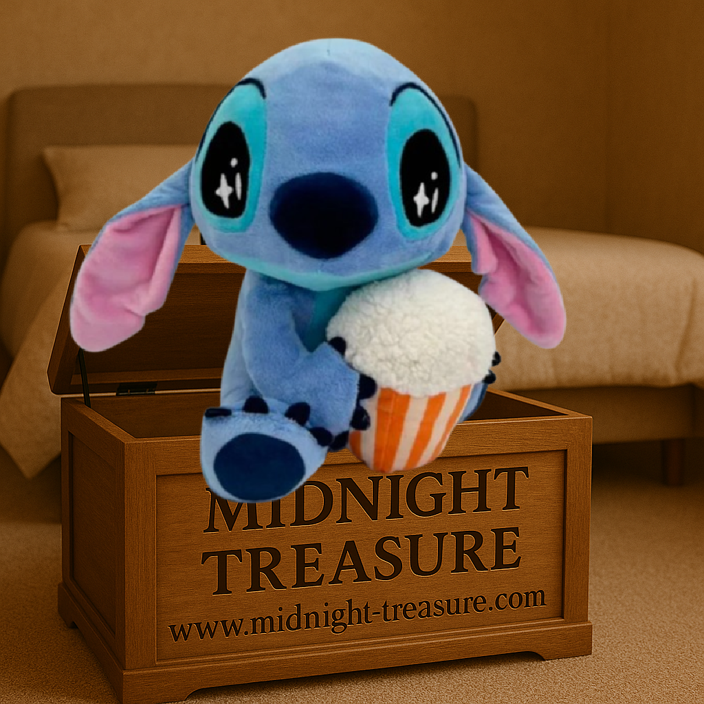 Peluche officielle Disney Stitch avec son pot de popcorn. Modèle ultra-doux de 25 cm avec finitions brodées, parfait pour les fans de Lilo & Stitch.