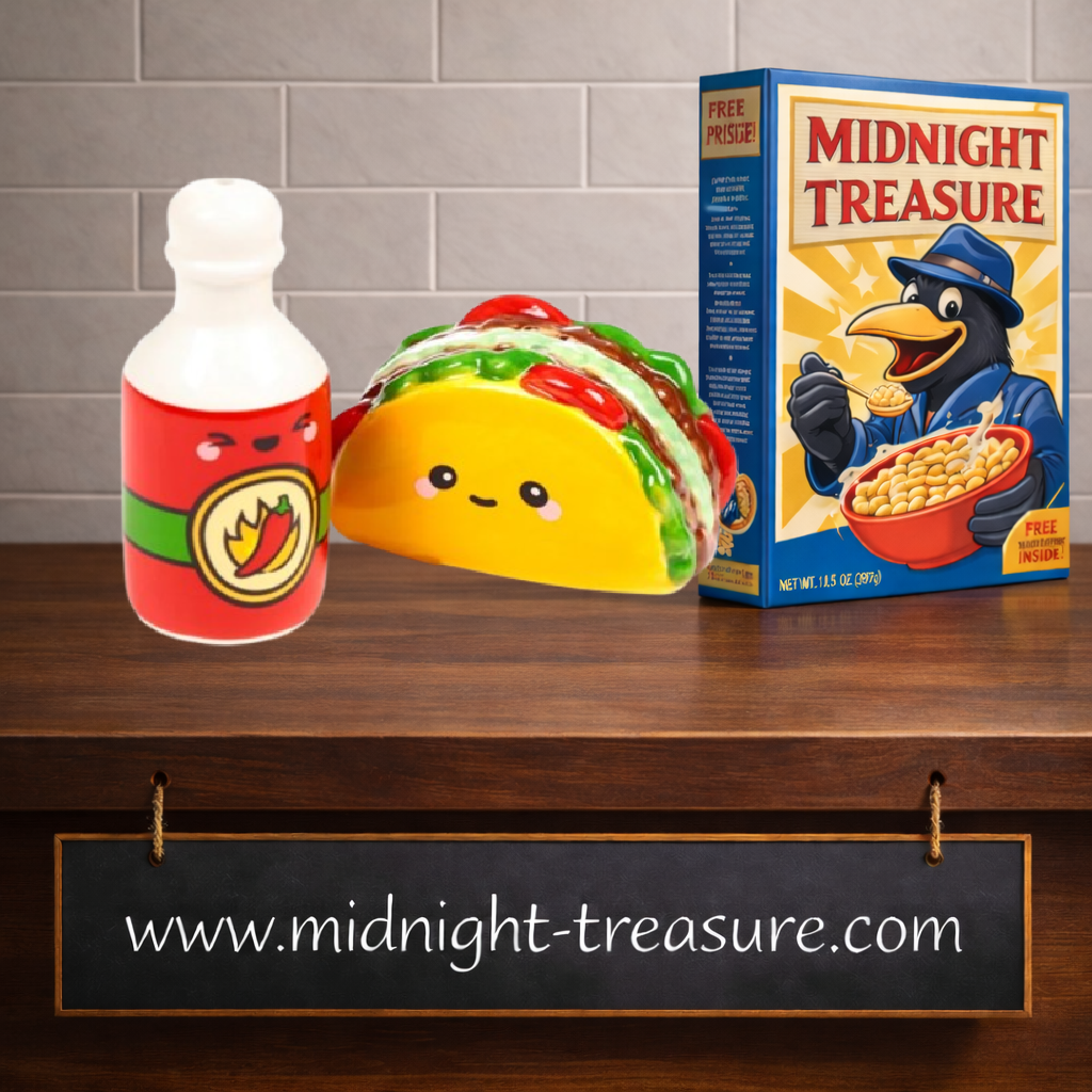Set salière et poivrière Kawaii Taco & Sauce en céramique de la collection Foodiemals par Puckator. Un accessoire de cuisine original, amusant et idéal à offrir.