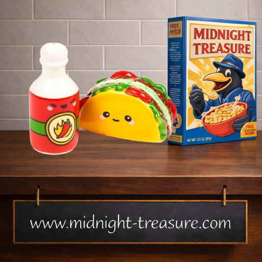 Set salière et poivrière Kawaii Taco & Sauce en céramique de la collection Foodiemals par Puckator. Un accessoire de cuisine original, amusant et idéal à offrir.