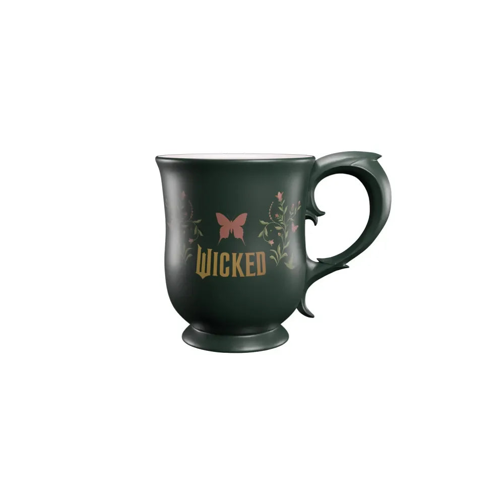 Mug Wicked Partie 2 – 350 ml. Mug premium en céramique avec deux motifs différents : logo Wicked avec chapeau d’un côté, papillon et décor floral de l’autre.
