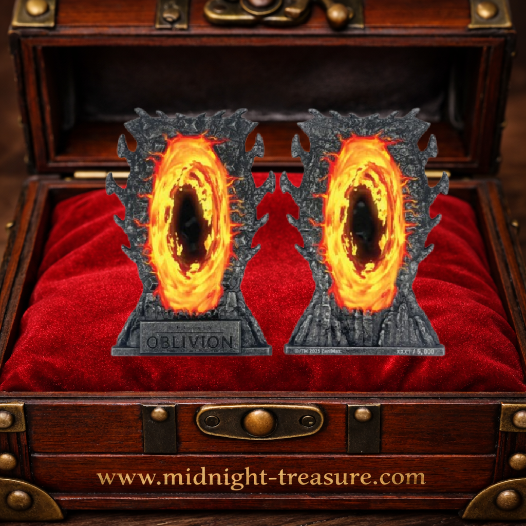 Lingot officiel The Elder Scrolls IV Oblivion Remastered représentant une Porte d'Oblivion. Édition limitée à 5 000 exemplaires numérotés avec présentoir inclus.