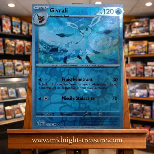 Carte Pokémon Givrali Reverse Holo issue de l’extension Écarlate & Violet – Évolutions Prismatiques. Illustration glaciale immersive avec effet brillant, idéale pour les collectionneurs et fans des évolutions d’Évoli.