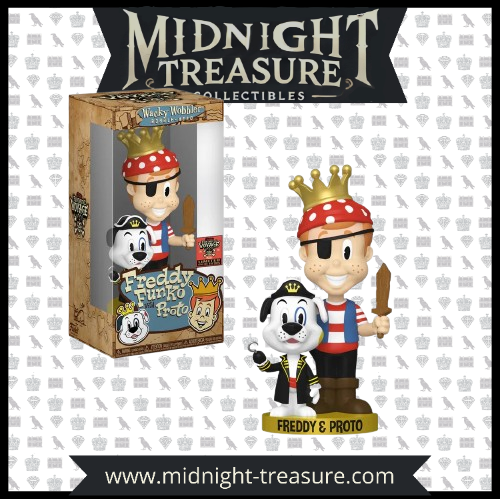 "Wacky Wobbler Freddy Funko with Proto – Édition exclusive Funtastic Voyage 2024. Figurine en vinyle représentant Freddy Funko en pirate avec un bandana, un cache-œil et une épée en bois, accompagné de Proto portant un chapeau de capitaine. Un incontournable pour les collectionneurs de Funko."