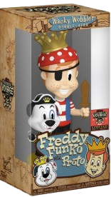 "Wacky Wobbler Freddy Funko with Proto – Édition exclusive Funtastic Voyage 2024. Figurine en vinyle représentant Freddy Funko en pirate avec un bandana, un cache-œil et une épée en bois, accompagné de Proto portant un chapeau de capitaine. Un incontournable pour les collectionneurs de Funko."