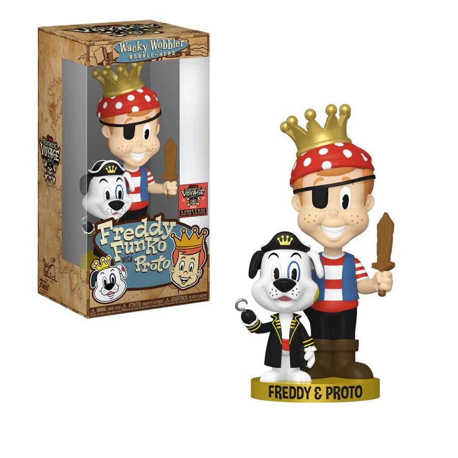 "Wacky Wobbler Freddy Funko with Proto – Édition exclusive Funtastic Voyage 2024. Figurine en vinyle représentant Freddy Funko en pirate avec un bandana, un cache-œil et une épée en bois, accompagné de Proto portant un chapeau de capitaine. Un incontournable pour les collectionneurs de Funko."