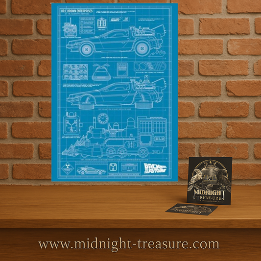 Affiche blueprint DeLorean Retour vers le Futur A3 édition limitée avec plans techniques des différentes versions de la machine à voyager dans le temps.