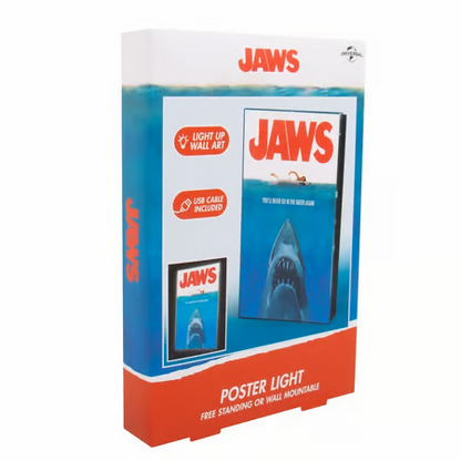 Affiche lumineuse Jaws – Les Dents de la Mer – Format A4 – LED. Poster rétroéclairé représentant l’affiche culte du film. Fonctionne sur piles ou USB. Idéal pour une ambiance ciné."