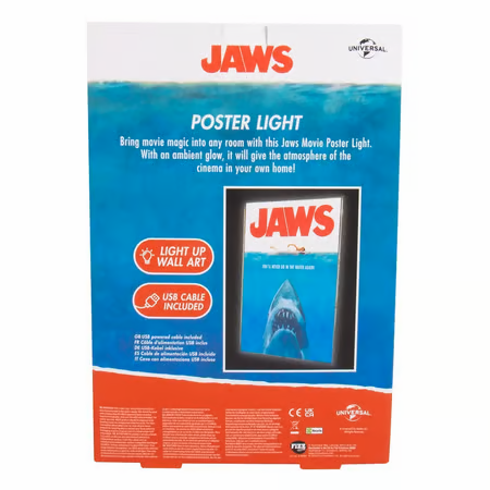 Affiche lumineuse Jaws – Les Dents de la Mer – Format A4 – LED. Poster rétroéclairé représentant l’affiche culte du film. Fonctionne sur piles ou USB. Idéal pour une ambiance ciné."