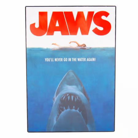 Affiche lumineuse Jaws – Les Dents de la Mer – Format A4 – LED. Poster rétroéclairé représentant l’affiche culte du film. Fonctionne sur piles ou USB. Idéal pour une ambiance ciné."