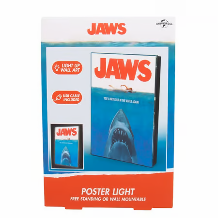 Affiche lumineuse Jaws – Les Dents de la Mer – Format A4 – LED. Poster rétroéclairé représentant l’affiche culte du film. Fonctionne sur piles ou USB. Idéal pour une ambiance ciné."