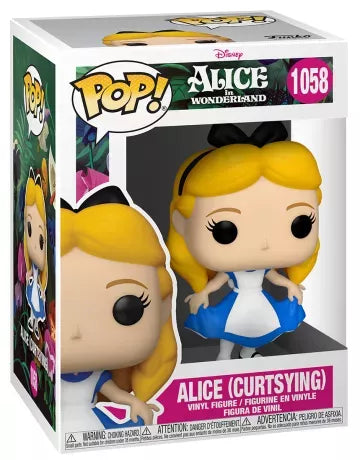 Funko Pop! Alice au Pays des Merveilles – Alice (Curtsying) N°1058. Figurine Disney représentant Alice en révérence, robe bleue et tablier blanc, fidèle au film d’animation classique.