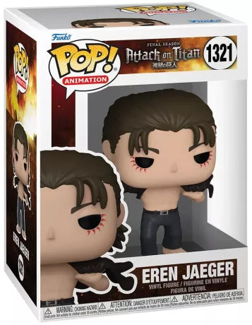 "Funko Pop! Eren Jaeger (1321) – Figurine officielle de la saison finale de L’Attaque des Titans. Représente Eren torse nu avec ses marques emblématiques. Produit sous licence officielle."