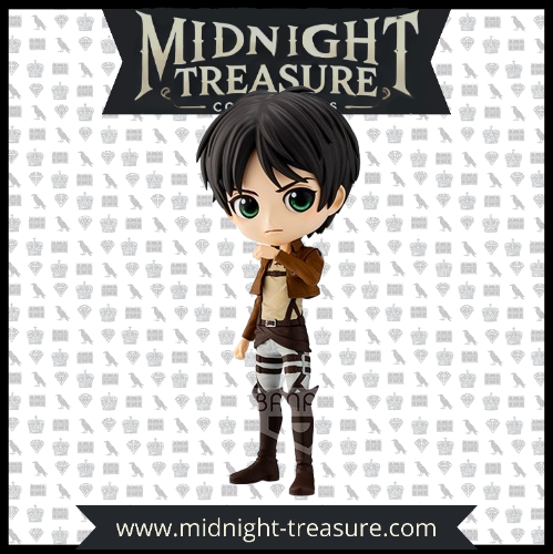 Figurine Q Posket de Eren Jaeger - Attack on Titan. Figurine chibi de 14 cm sous licence officielle Banpresto, avec pose emblématique et détails fidèles à l'anime. Présentée en boîte cartonnée.