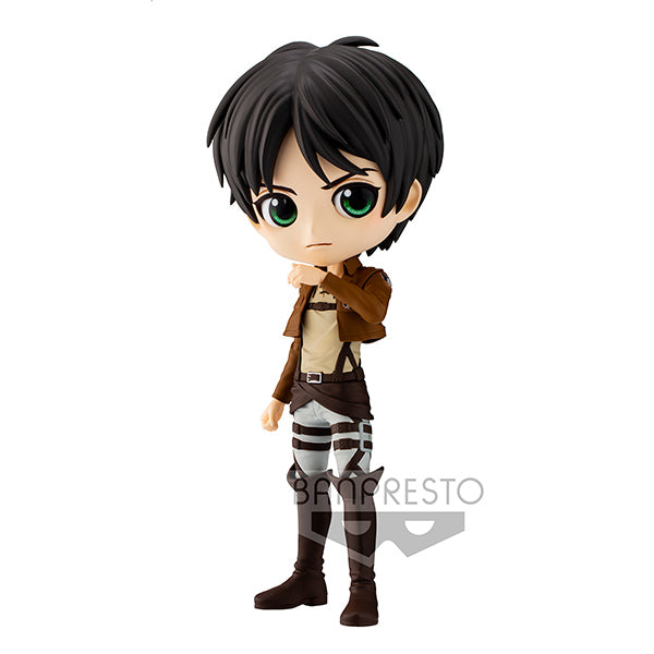 Figurine Q Posket de Eren Jaeger - Attack on Titan. Figurine chibi de 14 cm sous licence officielle Banpresto, avec pose emblématique et détails fidèles à l'anime. Présentée en boîte cartonnée.