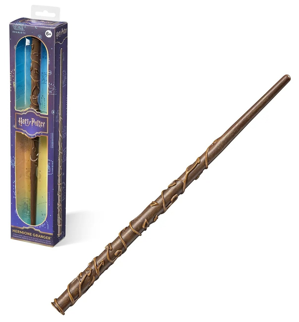 Baguette Harry Potter – Hermione Granger – 30 cm – Officielle. Réplique en PVC fidèle au design original avec motifs en lianes, présentée en boîte vitrine. Un incontournable pour les fans de Harry Potter.