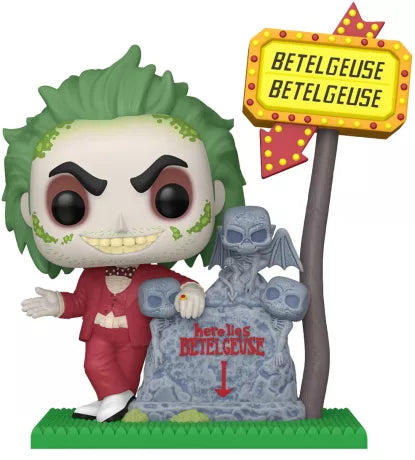 Funko Pop! Beetlejuice – Here Lies Betelgeuse (N°1762). Diorama avec panneau lumineux et pierre tombale.