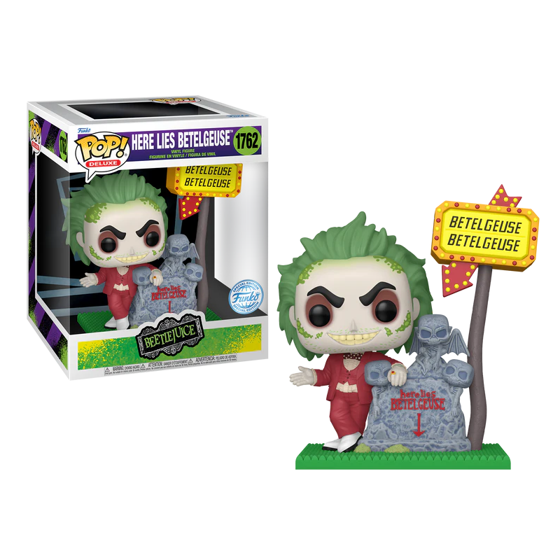 Funko Pop! Beetlejuice – Here Lies Betelgeuse (N°1762). Diorama avec panneau lumineux et pierre tombale.