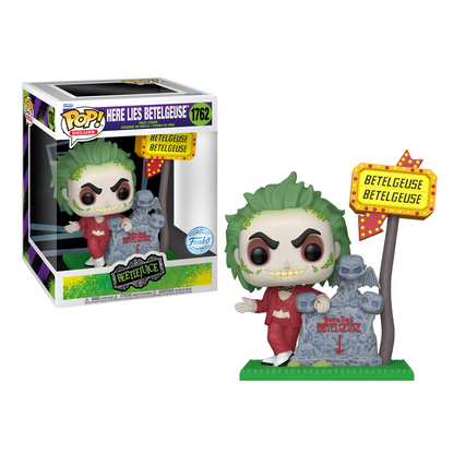 Funko Pop! Beetlejuice – Here Lies Betelgeuse (N°1762). Diorama avec panneau lumineux et pierre tombale.