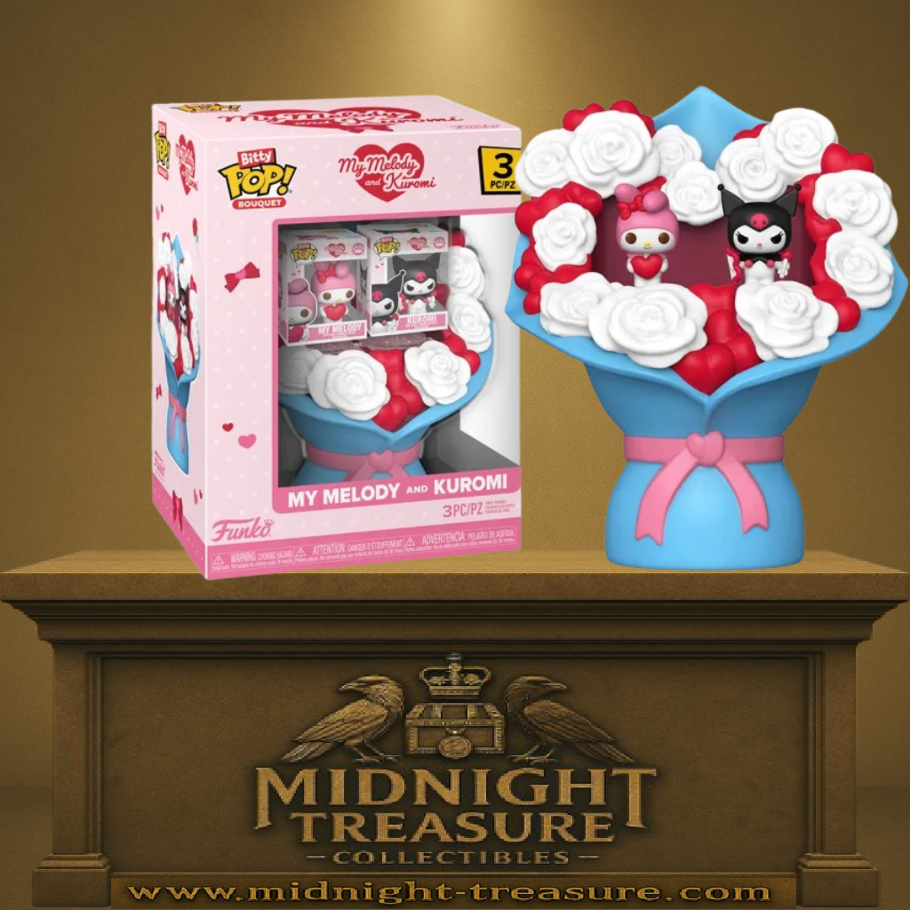Bitty Pop! Bouquet Hello Kitty and Friends – My Melody and Kuromi. Bouquet décoratif avec roses rouges et blanches intégrant My Melody et Kuromi en figurines Bitty Pop!.