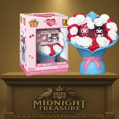 Bitty Pop! Bouquet Hello Kitty and Friends – My Melody and Kuromi. Bouquet décoratif avec roses rouges et blanches intégrant My Melody et Kuromi en figurines Bitty Pop!.