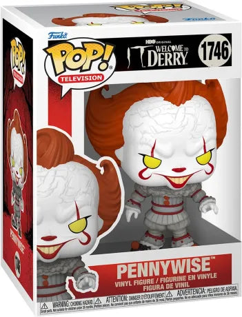 Funko Pop! Ça – Pennywise (N°1746, Welcome to Derry). Figurine du clown maléfique avec costume victorien et yeux jaunes terrifiants. Une pièce incontournable pour les fans d’horreur et de Stephen King.