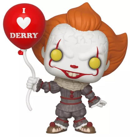 Funko Pop! Ça – Pennywise avec ballon “I ❤️ Derry” – N°780. Pennywise dans son costume victorien gris, tenant un ballon rouge iconique. Une figurine effrayante parfaite pour les fans de Stephen King et d’horreur.

