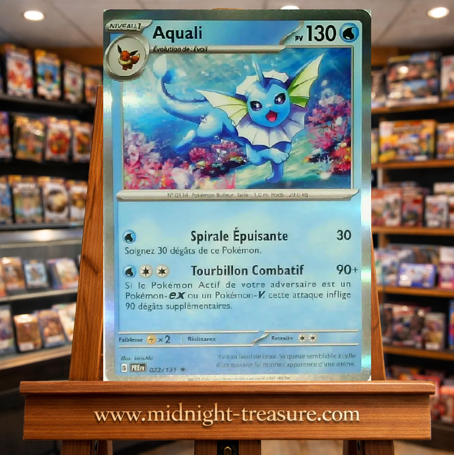 Carte Pokémon Aquali Holo issue de l’extension Écarlate & Violet – Évolutions Prismatiques. Illustration aquatique lumineuse avec effet holographique, idéale pour les collectionneurs et fans des évolutions d’Évoli.