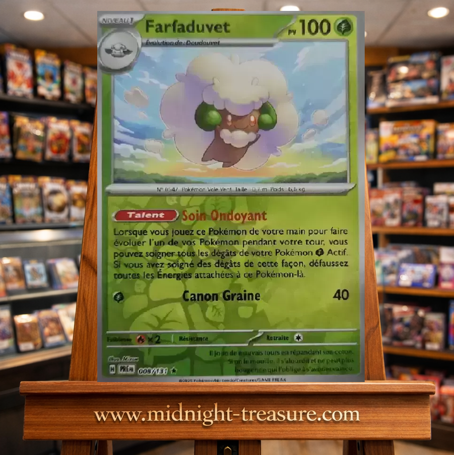 Carte Pokémon Farfaduvet Reverse Holo issue de l’extension Écarlate & Violet – Évolutions Prismatiques. Illustration aérienne et lumineuse avec effet brillant, idéale pour les collectionneurs et fans de Pokémon de type Plante.