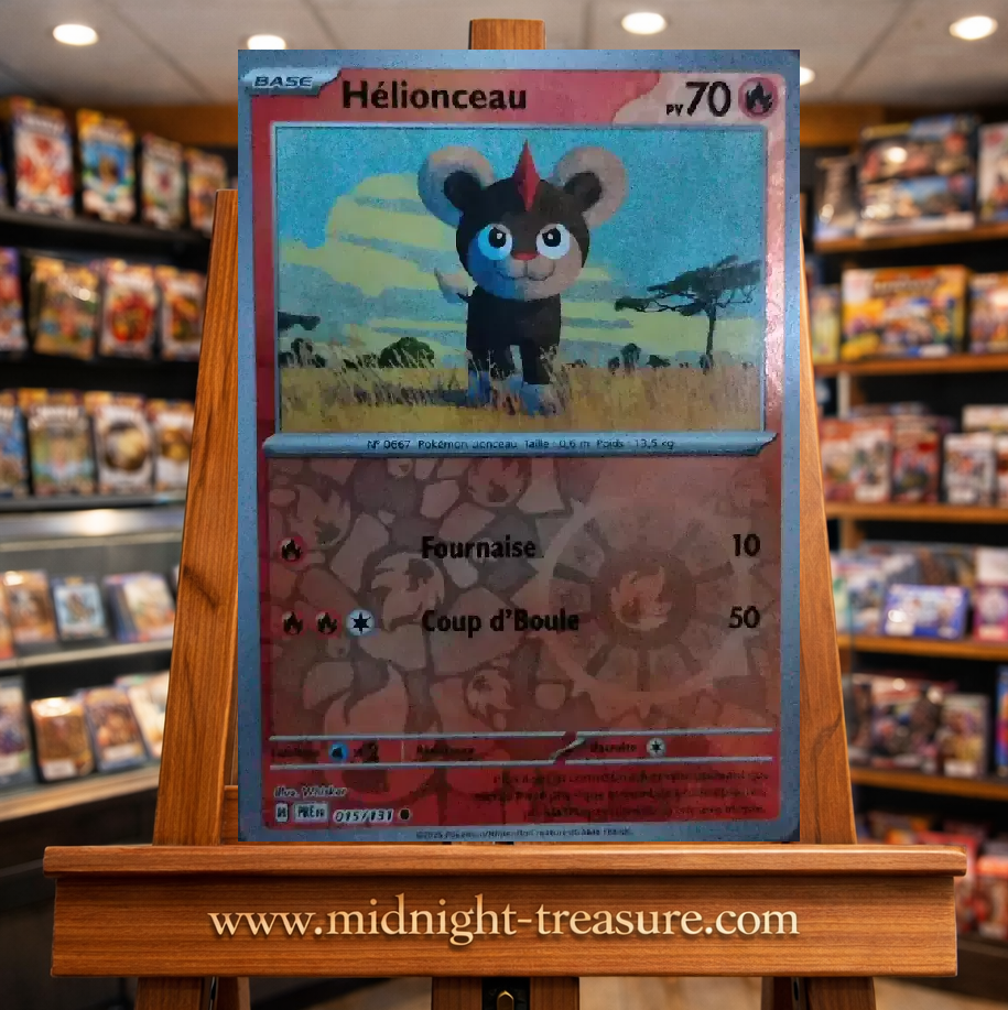 Carte Pokémon Hélionceau Reverse Holo issue de l’extension Écarlate & Violet – Évolutions Prismatiques. Illustration en savane avec effet brillant, idéale pour les collectionneurs et fans de Pokémon de type Feu.